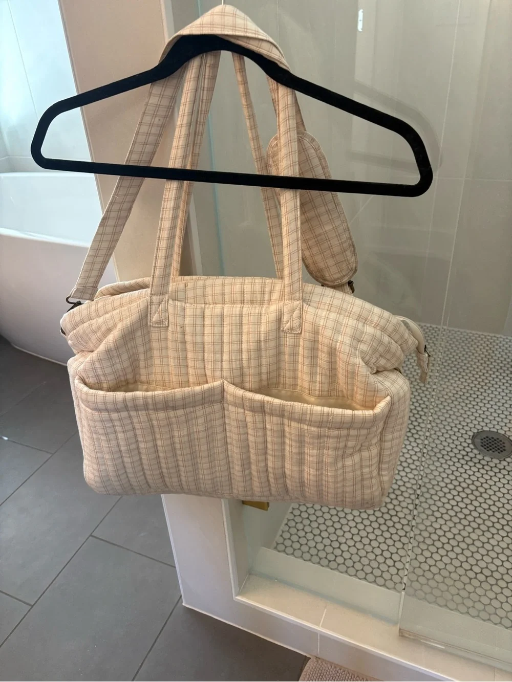 Quilted Cream Plaid Tote Bag - Neutral Checkered Shoulder Bag Quincy Mae
